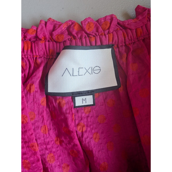 NWOT Alexis Thalssa Off The Shoulder Shirred Maxi Dress Sz M Fuchsia Dot #1H451 - Picture 11 of 12